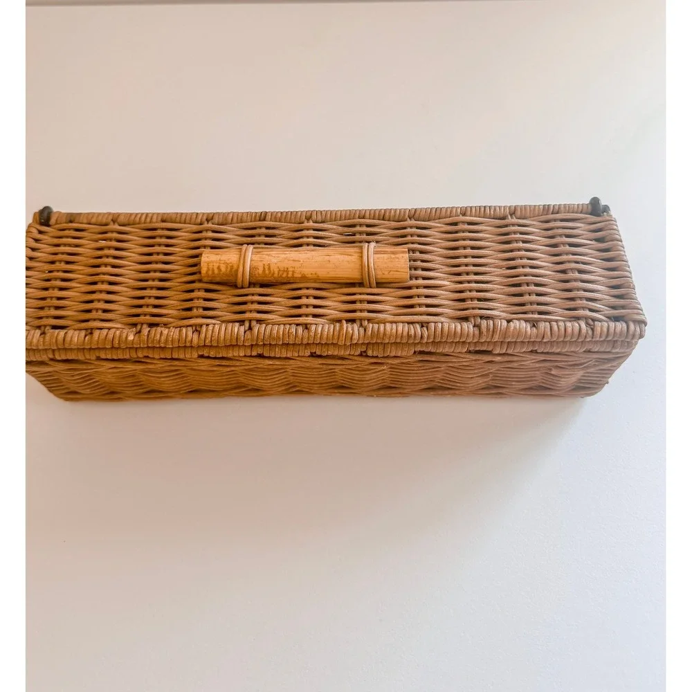 Vintage Woven Wicker Lidded Storage Box Bamboo Handle Rattan Organizer 14